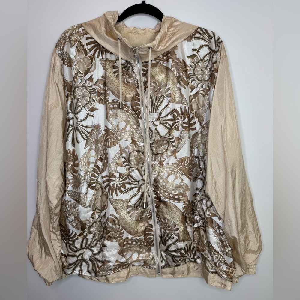 90's Vintage Lavon Tan Seashell Hooded Windbreaker Jacket Nautical X-Large